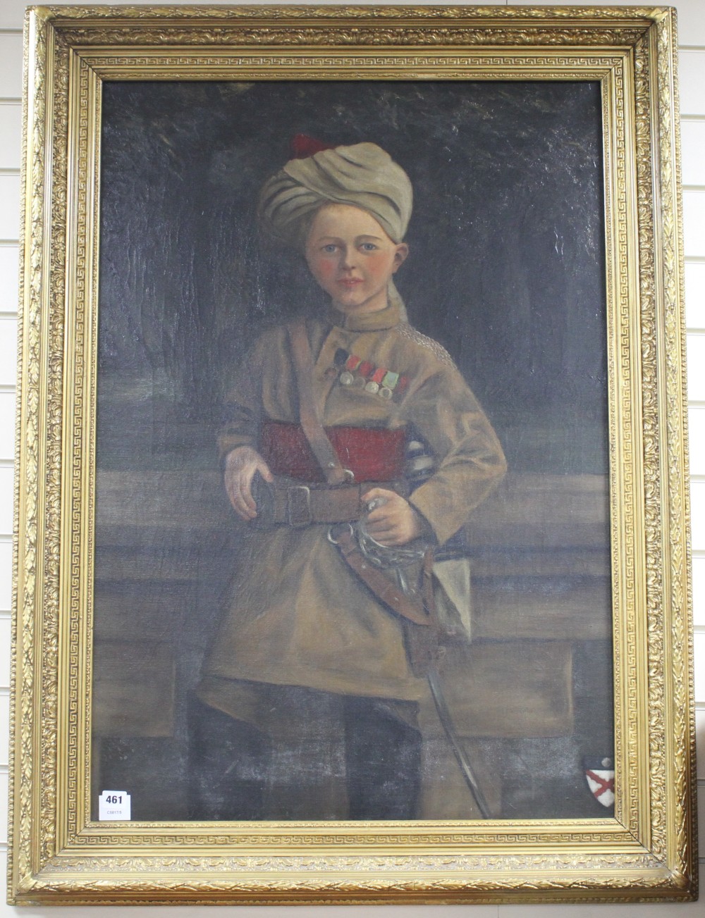 English School 1899, oil on canvas, Portrait of a boy wearing a turban and army uniform, indistinctly initialled and dated 1899, 98 x 6